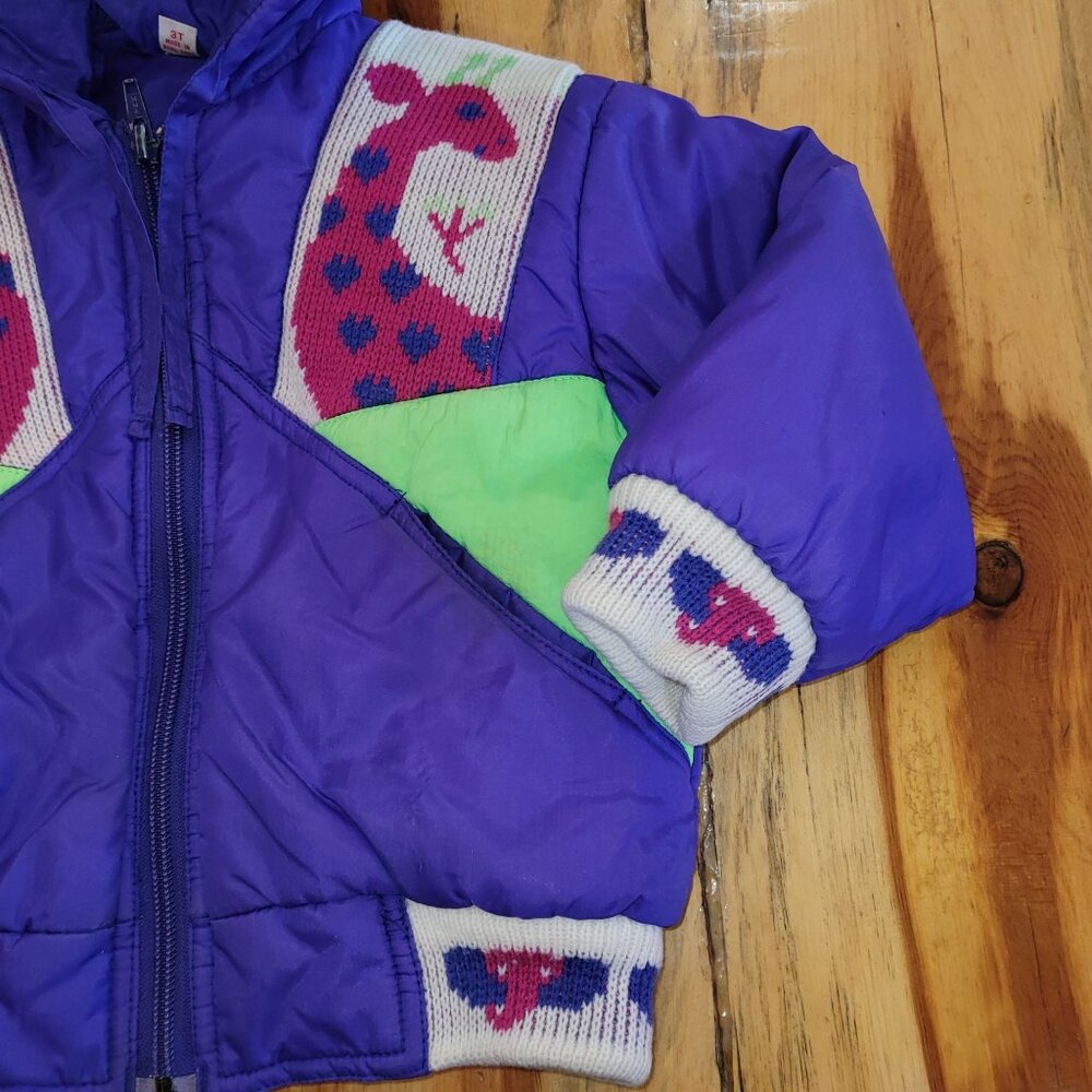 Vintage 1980s Kids 3T Hooded Jacket Purple Neon Green Hooded Giraffes Elephants. - Picture 3 of 13